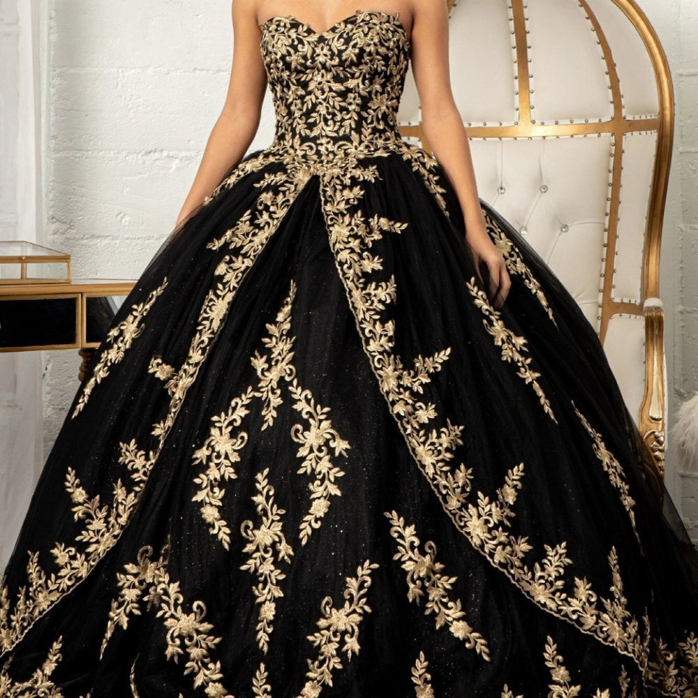 BLACK Jewel Embellished Tull Quinceanera Ball Gown Embroidered Mesh GL3016